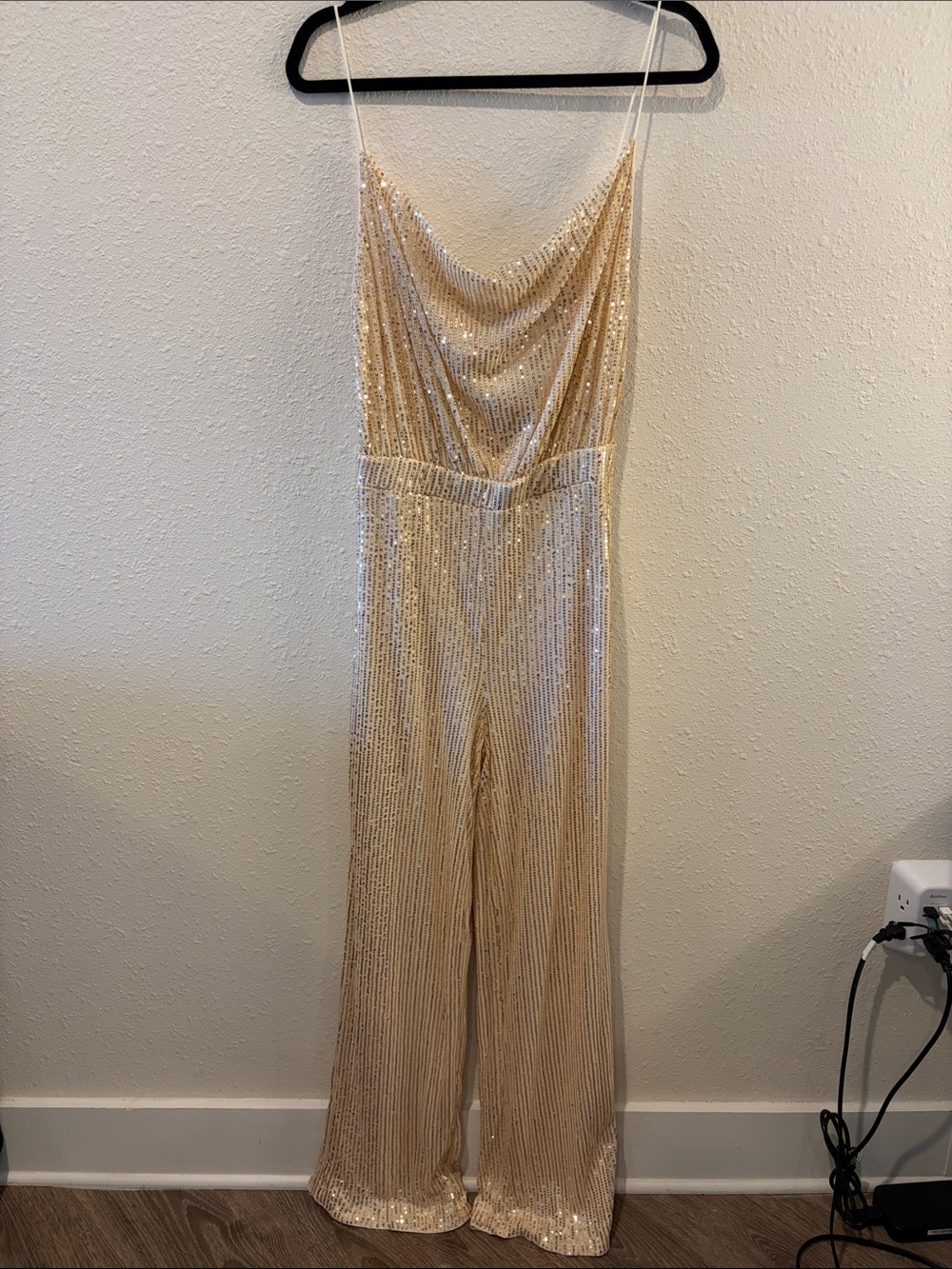 NWT SHEIN Champagne Sequin Cowl-Neck Jumpsuit